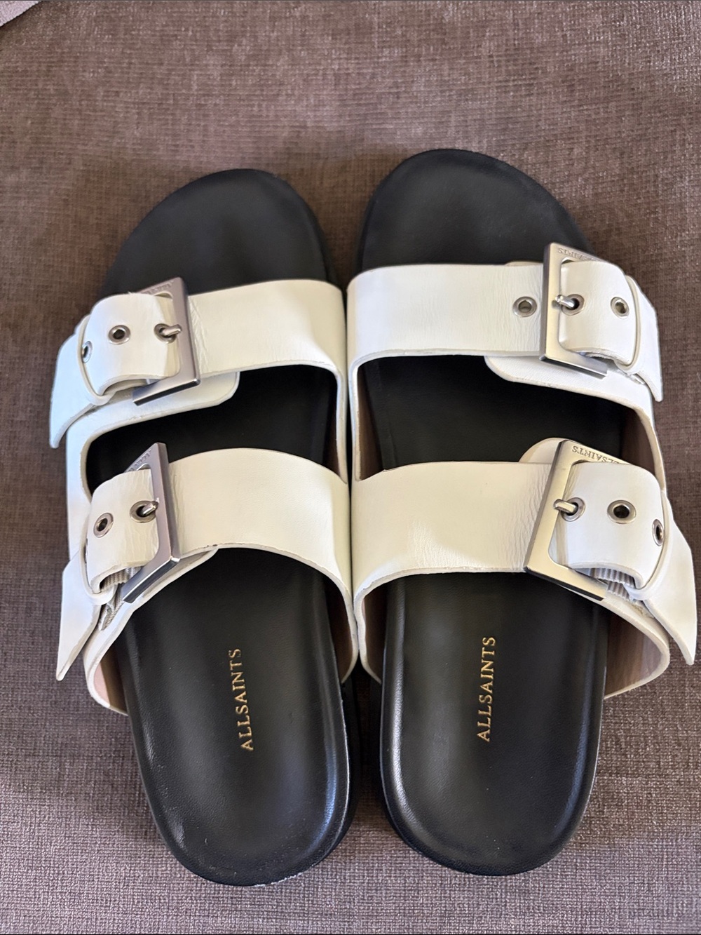 All Saints White Double-Buckle Slide Sandals with Black Footbed